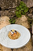 Spaghetti with anchovies sauce in serving dish