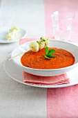Pepper and tomato soup with mozzarella skewers in serving dish
