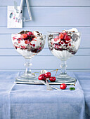 Close-up of ice cream with cherries, berries and jelly in glass