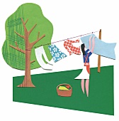 Sommer-Moment, Frau hängt im Garten Wäsche auf, Illustration, Wind