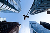 Upward view of skyscrapers at Columbus Circle on 57th Street, New York, USA