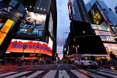 Low angle view of Times Square at night, New York