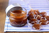 Brown sauce in jar and in an ice cube bag