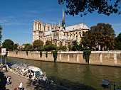 View of Notre Dame cathedral and promenade in Paris, France