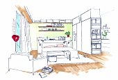 Illustration of bedroom with chair and wardrobe