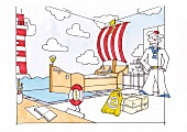 Zeichnung Kinderzimmer, Segelbootbett, Holzfigur Matrose