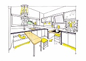 Illustration of kitchen with kitchen worktop, table swivel, sink and stove