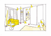 Zeichnung Schlafzimmer mit Kleiderschrank als Raumtrenner