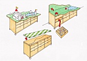 Illustration of folding table with casters game table and bench for children