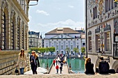 View of Rathaussteg, Reuss River, Lucerne Theatre, and Guild Hall at Lucerne, Switzerland