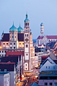 View of Perlachturm Hall and St. Ulrich's and St. Afra's Abbey in Augsburg, Germany