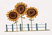 Illustration, Drei Sonnenblumen hinter einem Zaun