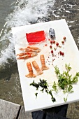 Ingredients for marination of prawns on chopping board