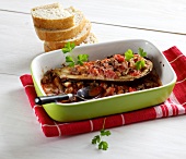 Eggplant and mince in serving dish