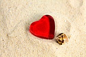 Red heart and sea shell on sand