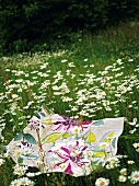 A floral patterned blanket lying on flowery meadow