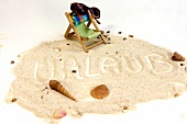 "Urlaub" im Sand geschrieben mit Mu scheln drum herum und Liegstuhl