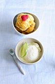 Two bowls of frozen lime yogurt and peach sorbet, low GI diet food