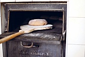 Loaf of bread on wooden board being baked in oven