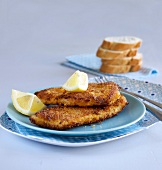 Escalope with carrots crust and lemon pieces on plate