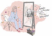 Frau sitzt vor einem Spiegel aus dem ein Monster springt, Zeichung