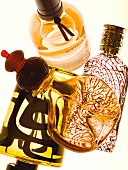 Close-up of various brown perfume bottles