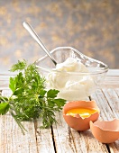 Broken egg shell with herbs for seasoning of green sauce