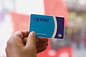 Close-up of hand holding Blue Oyster card in London, UK