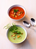 Gazpacho and tomato soup with tofu and herbs in bowl