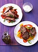 Stir-fry boneless lamb with green beans and bell pepper on plate