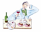 Illustration zum Thema Sommergrippe Mann krank im Bett vor Tablett