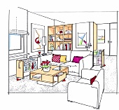 Illustration of living room with sofa, table and shelf