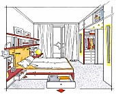 Illustration of bedroom with bed, closet and shelf