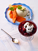 Black forest cherry dessert in bowl with ginger panna cotta