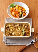 Turkish pilaf with vegetable stew in serving dish