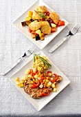 Turkey nuggets garnished with vegetables on plate