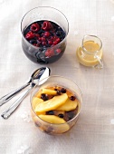 Marinated apples with berry dessert in glass cup
