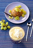 Pineapple and coconut pudding in bowl with melon rice with grapes on plate