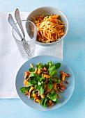 Bowl of carrot and apple salad with plate of lamb's lettuce and chanterelles