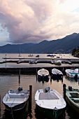 View of boats moored in harbor of Ascona on Lake Maggiore, Ticino, Switzerland