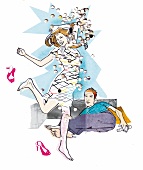 Illustration, Beziehung Mann Frau, Mann liegend, Frau springt