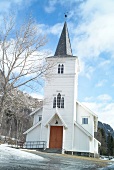 View of white traditional church in Hemsedal ski resort, Norway