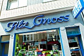Exterior of window display of felt Gnoss, shop