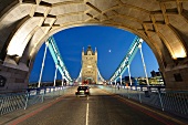 View of Tower bridge with traffic lights in Southwark, London