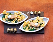 Two plates of salad nicoise with farfalle and tuna on board