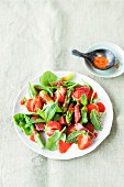 Asparagus salad with strawberries, rhubarb and mint