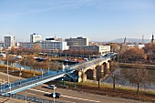 Elevated view of old bridge and Berliner Promenade at Saarbrucken, Saarland, Germany