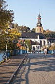 View of castle church with old bridge, Saarbrucken, Saarland, Germany