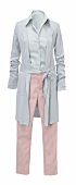 Grey cotton cardigan, blouse and jeans in pastel tones on white background