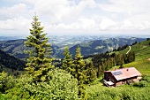 View of mountain hut Staufner house, Oberstaufen, Bavarian Swabia, Germany